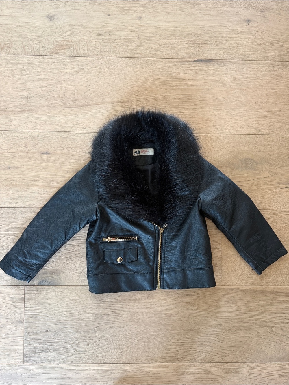 H&M Kids Black Faux Leather Jacket with Black Faux Fur Collar